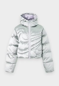 Harmaa hopeanvärinen toppatakki, jossa on lyhyt malli, huppu ja etuvetoketju. Ominaisuuksiin kuuluu tikattu pinta ja hupun kiristysnyöri istuvuuden säätämiseksi.