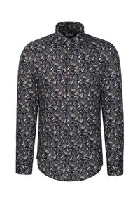 Chemise homme à manches longues avec boutons, motif cachemire foncé aux nuances de noir, bleu, blanc et marron.
