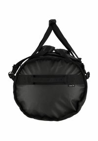 Borsa circolare nera realizzata in materiale resistente, con spallacci regolabili, fondo piatto e un'accentuazione orizzontale in tessuto a rete.