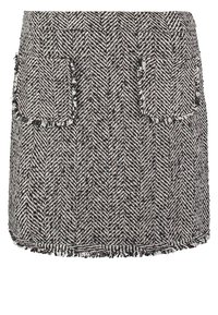Jupe à motif pied-de-poule en tweed noir et blanc ; dotée de deux poches avant et d'un ourlet effiloché. Coupe trapèze, longueur mi-cuisse.