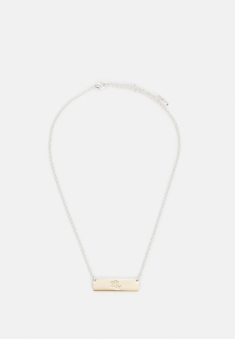 Silver chain necklace featuring a rectangular gold pendant with engraved initials. The design is minimalistic with smooth surfaces.