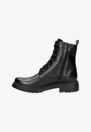 Stivaletto alla caviglia in pelle nera con punta tonda, chiusura frontale con lacci, cerniera laterale e suola robusta e testurizzata. Design robusto per una maggiore durata.