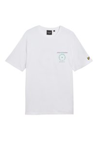 Hvid bomulds T-shirt med korte ærmer, rund halsudskæring, grøn og lilla grafisk print på brystet og lille gul sommerfuglogotype på ærmet.