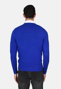 Maglione a maglia blu royal con maniche lunghe, orlo e polsini a coste, visto da dietro. Tessuto semplice, adatto per un abbigliamento casual.