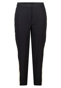 Zwarte broek met een aansluitend ontwerp, voorzien van zijstrepen in een contrasterende kleur. Gladde textuur, taille op middenhoogte en taps toelopende pijpen.