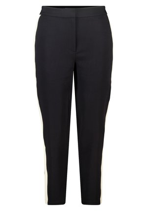 Zwarte broek met een aansluitend ontwerp, voorzien van zijstrepen in een contrasterende kleur. Gladde textuur, taille op middenhoogte en taps toelopende pijpen.