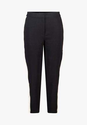 Zwarte broek met een aansluitend ontwerp, voorzien van zijstrepen in een contrasterende kleur. Gladde textuur, taille op middenhoogte en taps toelopende pijpen.