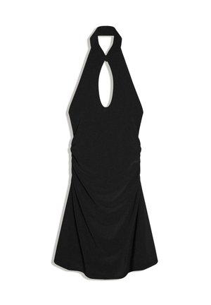 Schwarzes Neckholderkleid mit vorderem Schlüssellochausschnitt und drapierten Stoffdetails, knielang mit A-Linien-Silhouette.