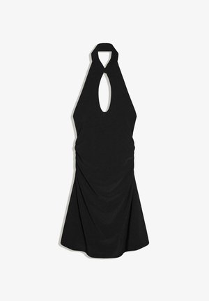 Schwarzes Neckholderkleid mit vorderem Schlüssellochausschnitt und drapierten Stoffdetails, knielang mit A-Linien-Silhouette.