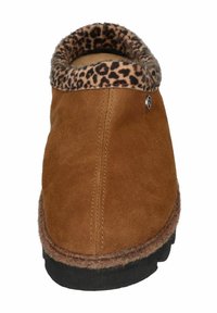 Brown suede ankle boot with a leopard-print plush collar and stitching detail. Black rubber sole with a round shape at the toe.