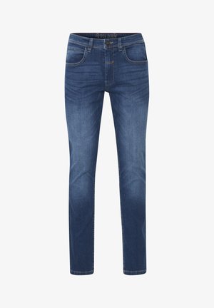 Dark blue denim jeans with a straight fit, featuring five pockets, a zip fly, and subtle fading along the legs.