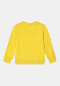 Felpa gialla in morbido cotone, colletto rotondo, maniche lunghe e polsini a costine, con una texture liscia e uniforme senza motivi.