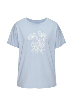 Svetlomodré tričko s krátkym rukávom s bielym kvetinovým lineárnym motívom a nápisom "Flower Market" v strede prednej strany