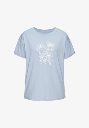 Svetlomodré tričko s krátkym rukávom s bielym kvetinovým lineárnym motívom a nápisom "Flower Market" v strede prednej strany