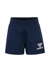Pantalones cortos de algodón azul marino con una cintura elástica, que presentan un logo blanco en la parte inferior derecha. Textura suave y diseño sencillo.