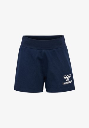 Marineblaue Baumwollshorts mit einem elastischen Taillenbund, versehen mit einem weißen Logo auf der unteren rechten Seite. Glatte Textur und einfaches Design.