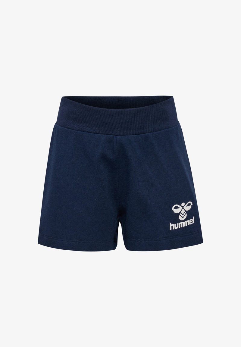 Marinblå bomullsshorts med elastisk midja, som har en vit logotyp på nedre högra sidan. Slät yta och enkel design.