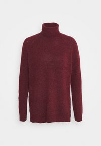 Burgundy turtleneck sweater made of a soft, textured knit. Features long sleeves and a relaxed fit, with a ribbed collar and hem.