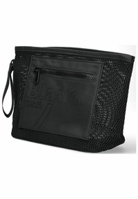 Sort netpose med en lynlåslomme foran, "Blauer USA" logoet prægede på en solid panel og en håndledsrem til bæring.