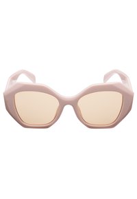 Naočale u obliku heksagona od nježnog ružičastog plastike s svijetlosmešanim staklima i tankim okvirom. Glatka površina bez vidljivih ukrasa.