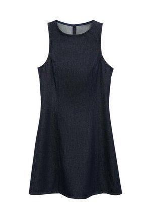 Donkerdenim mouwloze jurk met een ronde halslijn, aansluitend lijfje en een uitlopende rok. Voorzien van subtiele stiksels en een ritssluiting aan de achterkant.