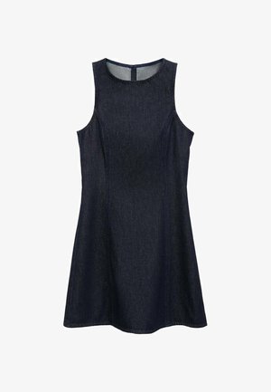 Donkerdenim mouwloze jurk met een ronde halslijn, aansluitend lijfje en een uitlopende rok. Voorzien van subtiele stiksels en een ritssluiting aan de achterkant.