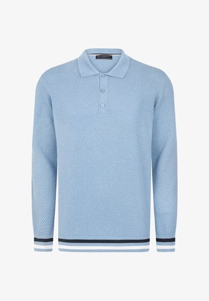Jersey tipo polo de manga larga azul claro con patrón texturizado, tapeta de botones, cuello y puños y dobladillo a rayas en negro, blanco y azul.