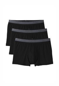 Zwarte boxershorts van gladde stof met een grijze elastische tailleband, met een klassieke snit en zonder duidelijke patronen. Drie stuks weergegeven.