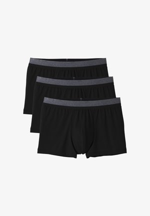 Zwarte boxershorts van gladde stof met een grijze elastische tailleband, met een klassieke snit en zonder duidelijke patronen. Drie stuks weergegeven.