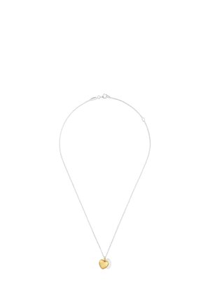 Collana delicata con catena d'argento e piccolo ciondolo a forma di cuore in oro lucido, chiusura con moschettone.