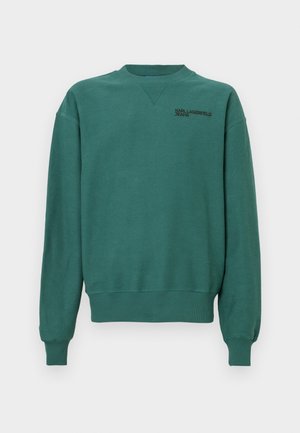 Zielony bawełniany sweter ze długimi rękawami, okrągłym dekoltem, ściągaczami na mankietach oraz małym czarnym logo na klatce piersiowej. Miękka tekstura, casualowy krój.