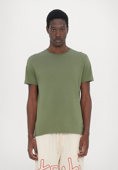 Olive green cotton t-shirt with short sleeves and a round neckline, featuring a relaxed fit and smooth texture.