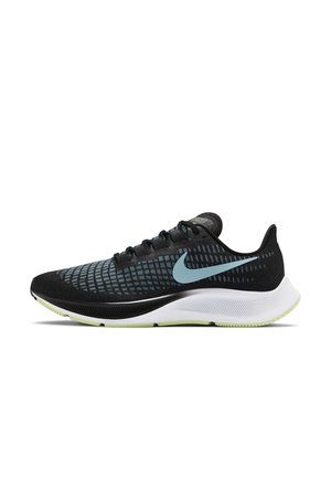 Men's black and blue Nike running shoe with light blue swoosh logo, mesh upper, white cushioned sole, and light green outsole accents.