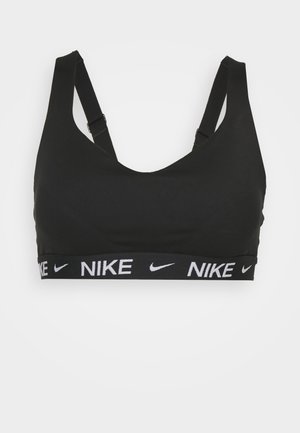 Crni sportski grudnjak s podešivim trakama, okruglim izrezom i širokim elastičnim pojasom s bijelim "Nike" natpisom. Glatka tkanina.