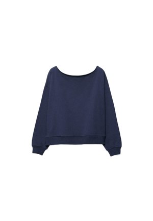 Mørkeblå langærmet sweatshirt med bred bådudskæring og ribstrikkede kanter ved ærmer og kant, lagt fladt på en hvid baggrund.