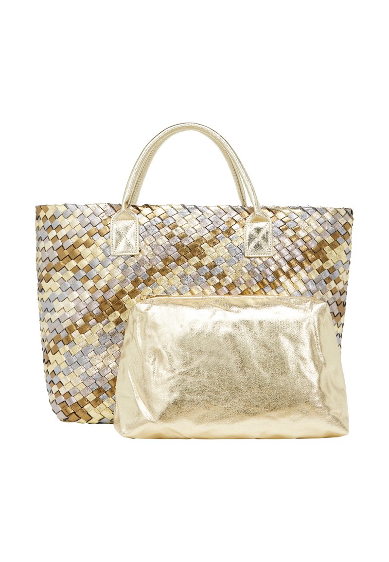 Geweven draagtas met gouden, zilveren en bruine patronen; inclusief een afneembare metallic gouden pouch. Dubbele handgrepen; gestructureerd oppervlak.