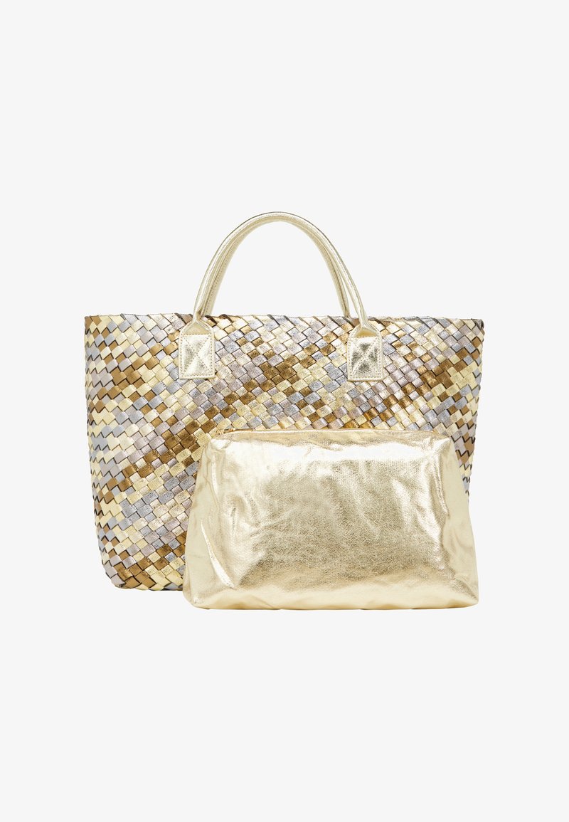 Geweven draagtas met gouden, zilveren en bruine patronen; inclusief een afneembare metallic gouden pouch. Dubbele handgrepen; gestructureerd oppervlak.