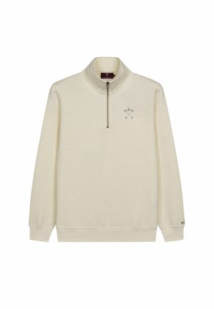 Sudadera con cremallera de cuarto en crema, hecha de una tela suave. Cuenta con un pequeño diseño bordado en el pecho y puños y dobladillo de canalé.