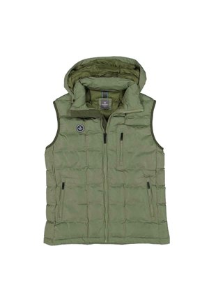 Olivgrüne, isolierte Weste mit Kapuze, gesteppter Musterung, Frontreißverschluss, zwei Seitentaschen und einem runden Logo auf der Brust.