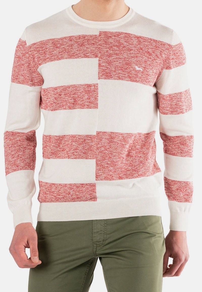 Maglione lavorato a maglia a righe rosse e bianche con un motivo testurizzato. Presenta un collo girocollo e polsini a costine, abbinato a pantaloni verdi.