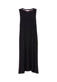 Schwarzes ärmelloses Kleid mit rundem Halsausschnitt, aus weichem Stoff gefertigt. Besitzt einen pinken Akzent am Hals und seitliche Schlitze für Bewegungsfreiheit.
