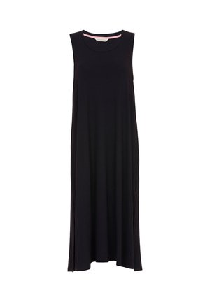 Black sleeveless dress with a round neckline, made of soft fabric. Features a pink accent at the neck and side slits for ease of movement.