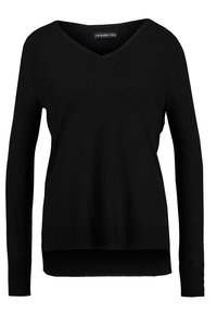 Svart v-ringad tröja med långa ärmar, tillverkad av lättviktig tyg. Har en avslappnad passform och ribbat nederkant och ärmslut.