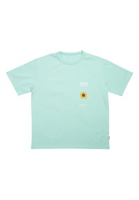 Minttivihreä puuvillatee-paita, jossa on lyhyet hihat, pyöreä kaula-aukko ja auringon grafiikka, jossa lukee "KOHTI AURINKOA" rinnassa.