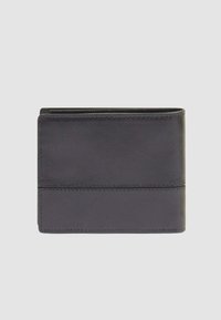 Black leather bifold wallet with visible stitching on neutral gray background, closed and lying flat.