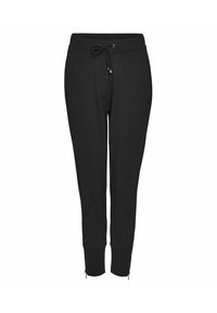 Schwarze Jogginghosen aus weichem Stoff, mit einem elastischen Bund und einem Kordelzug, seitlichen Taschen und Reißverschlüssen an den Knöcheln.
