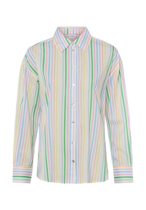 Langärmliges Hemd mit Knopfleiste und pastellfarbenen vertikalen Streifen in Grün, Gelb, Pink, Blau und Lila auf weißem Hintergrund.
