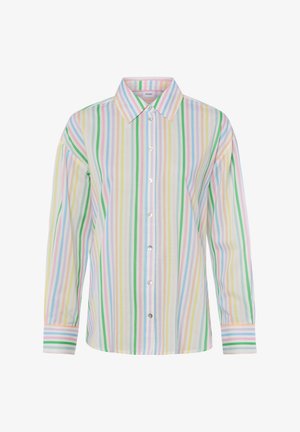 Langärmliges Hemd mit Knopfleiste und pastellfarbenen vertikalen Streifen in Grün, Gelb, Pink, Blau und Lila auf weißem Hintergrund.