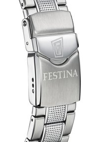 Silberner Edelstahl-Armband mit gebürsteter Oberfläche, versehen mit einem Verschluss, der "FESTINA" eingraviert hat, und einem strukturierten Netzdesign.