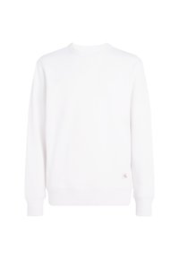 Felpa bianca realizzata in tessuto morbido; presenta un classico collo a giro, polsini a coste e una piccola etichetta con logo sul lato inferiore.